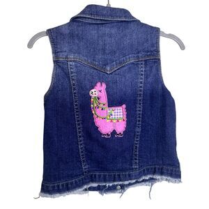 Levis Denim Vest Girls S Blue Jean Button Front Trucker Llama Patch Distressed